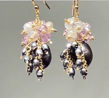 Peacock Pearl, Amethyst, Labradorite, Cluster Waterfall Earrings