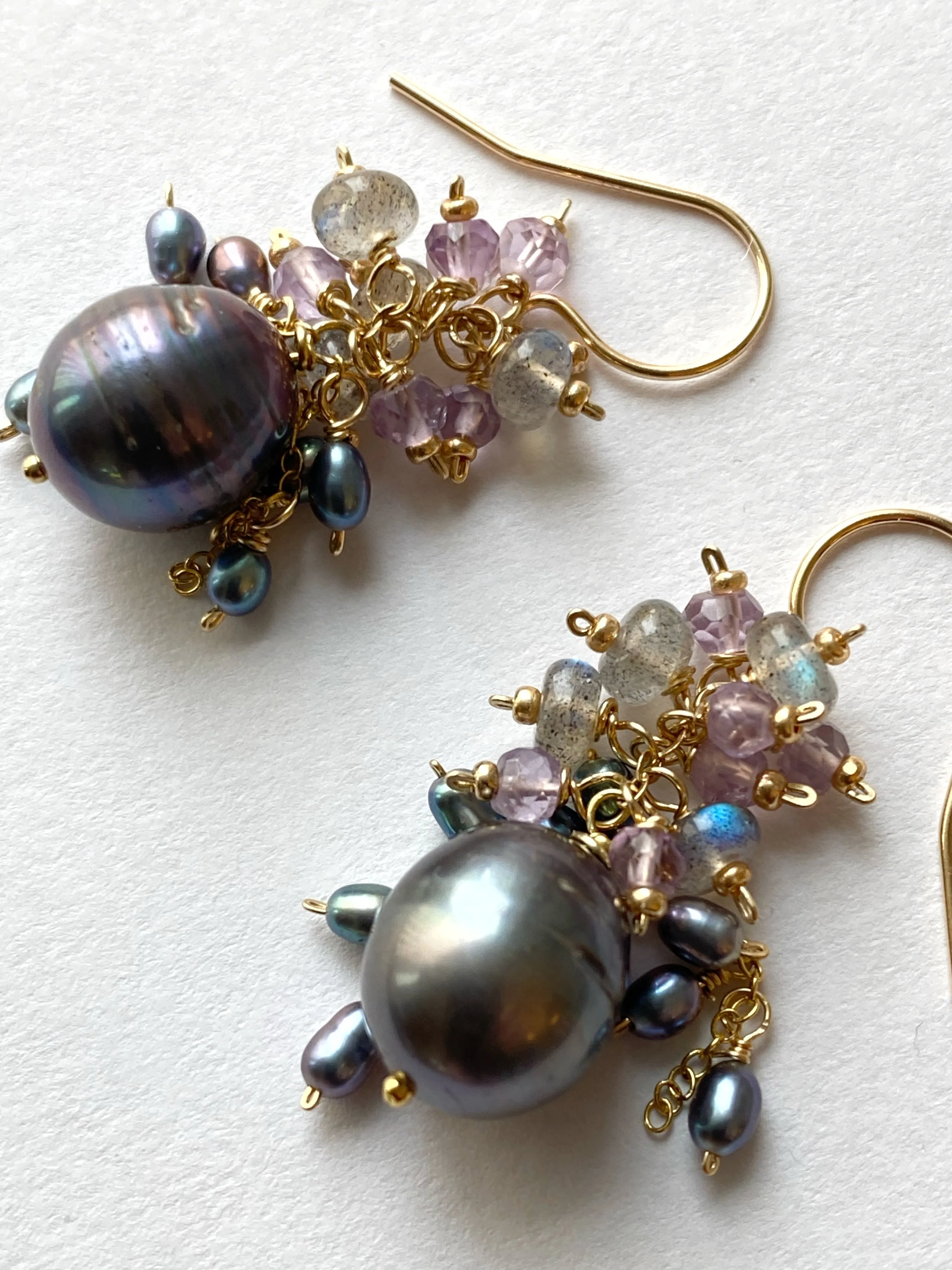 Peacock Pearl, Amethyst, Labradorite, Cluster Waterfall Earrings