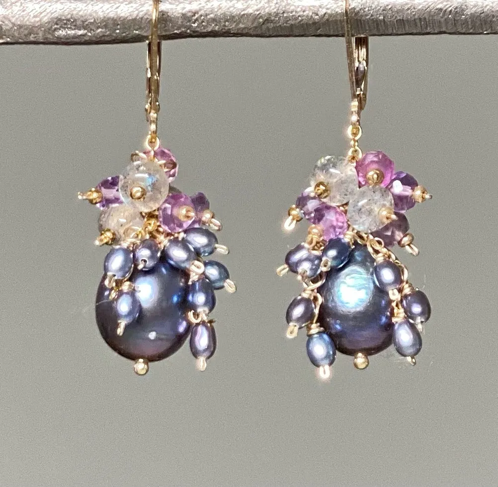 Peacock Pearl, Amethyst, Labradorite, Cluster Waterfall Earrings