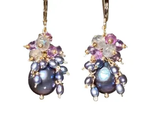 Peacock Pearl, Amethyst, Labradorite, Cluster Waterfall Earrings