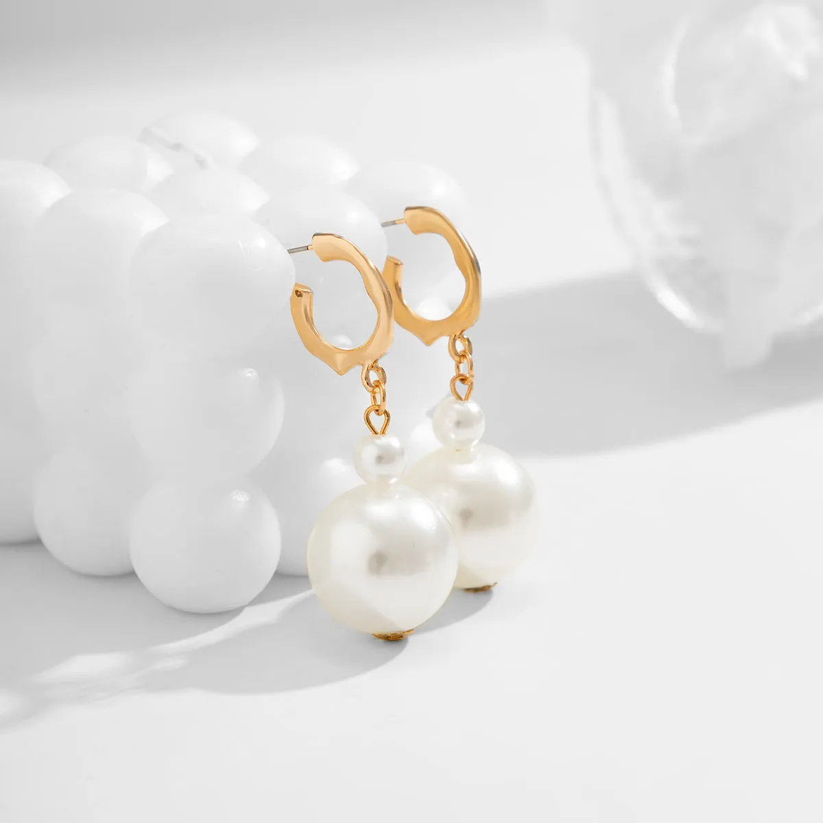 Pearl & 18K Gold-Plated Ball Huggie Drop Earrings
