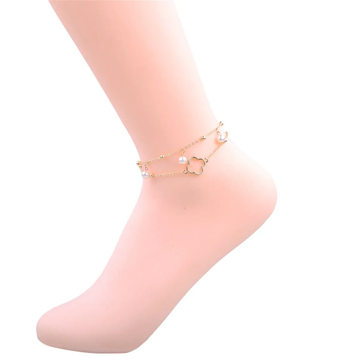 Pearl & 18K Gold-Plated Bead Station Clover Layer Anklet