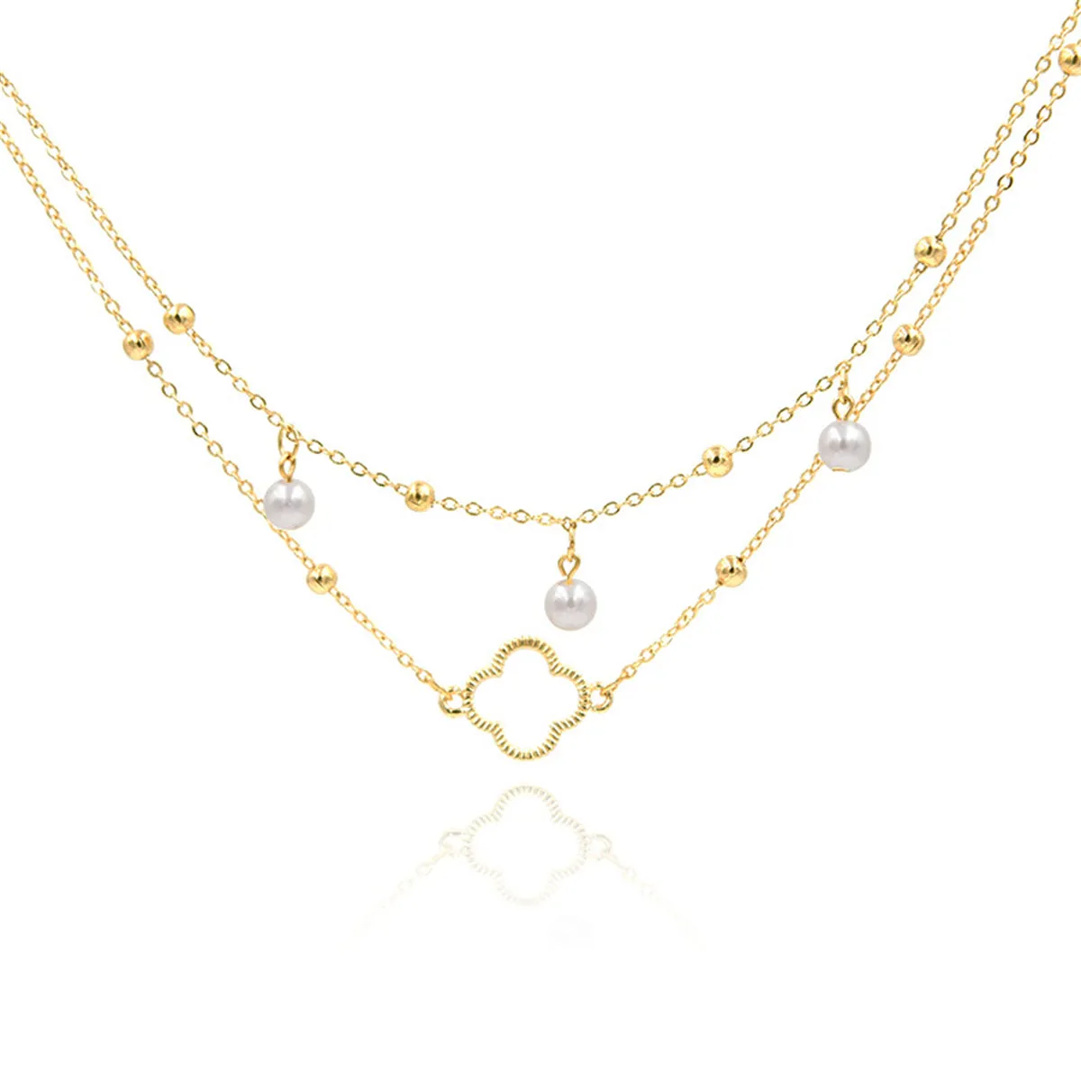 Pearl & 18K Gold-Plated Bead Station Clover Layer Anklet