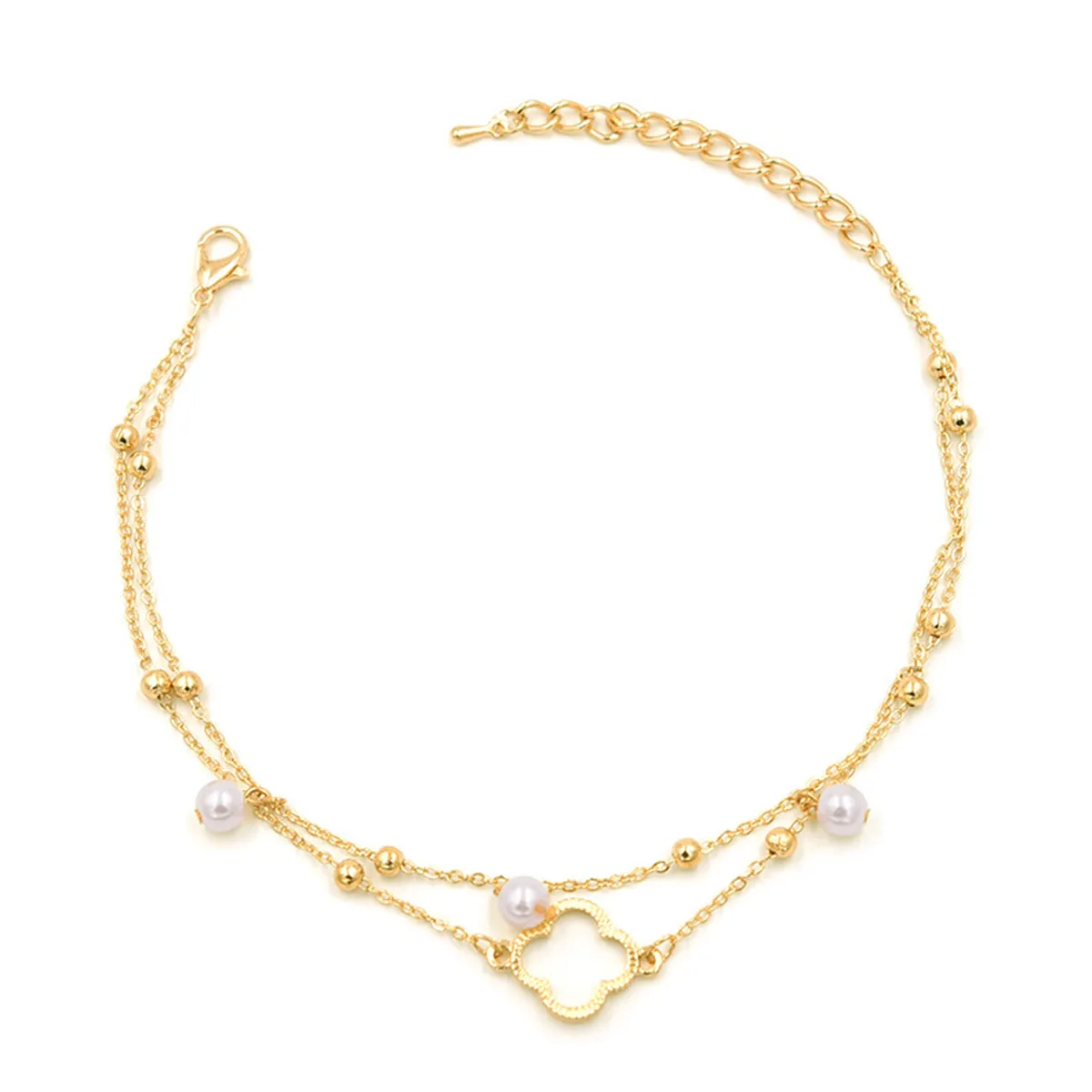Pearl & 18K Gold-Plated Bead Station Clover Layer Anklet