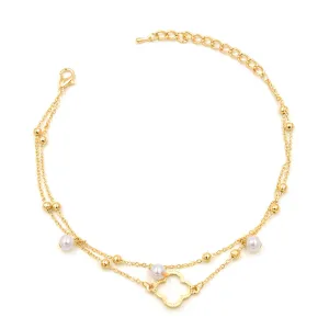 Pearl & 18K Gold-Plated Bead Station Clover Layer Anklet