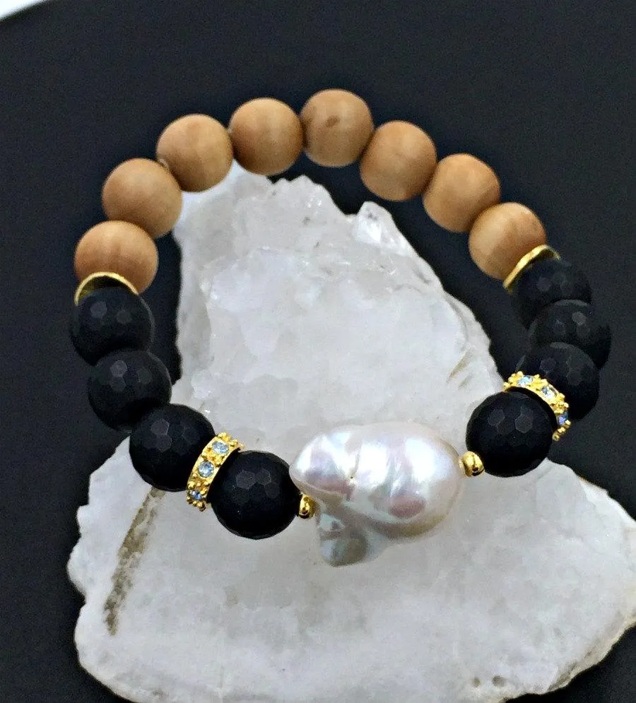 Pearl, Black Onyx, Sandalwood Stack Bracelet Diamond Look