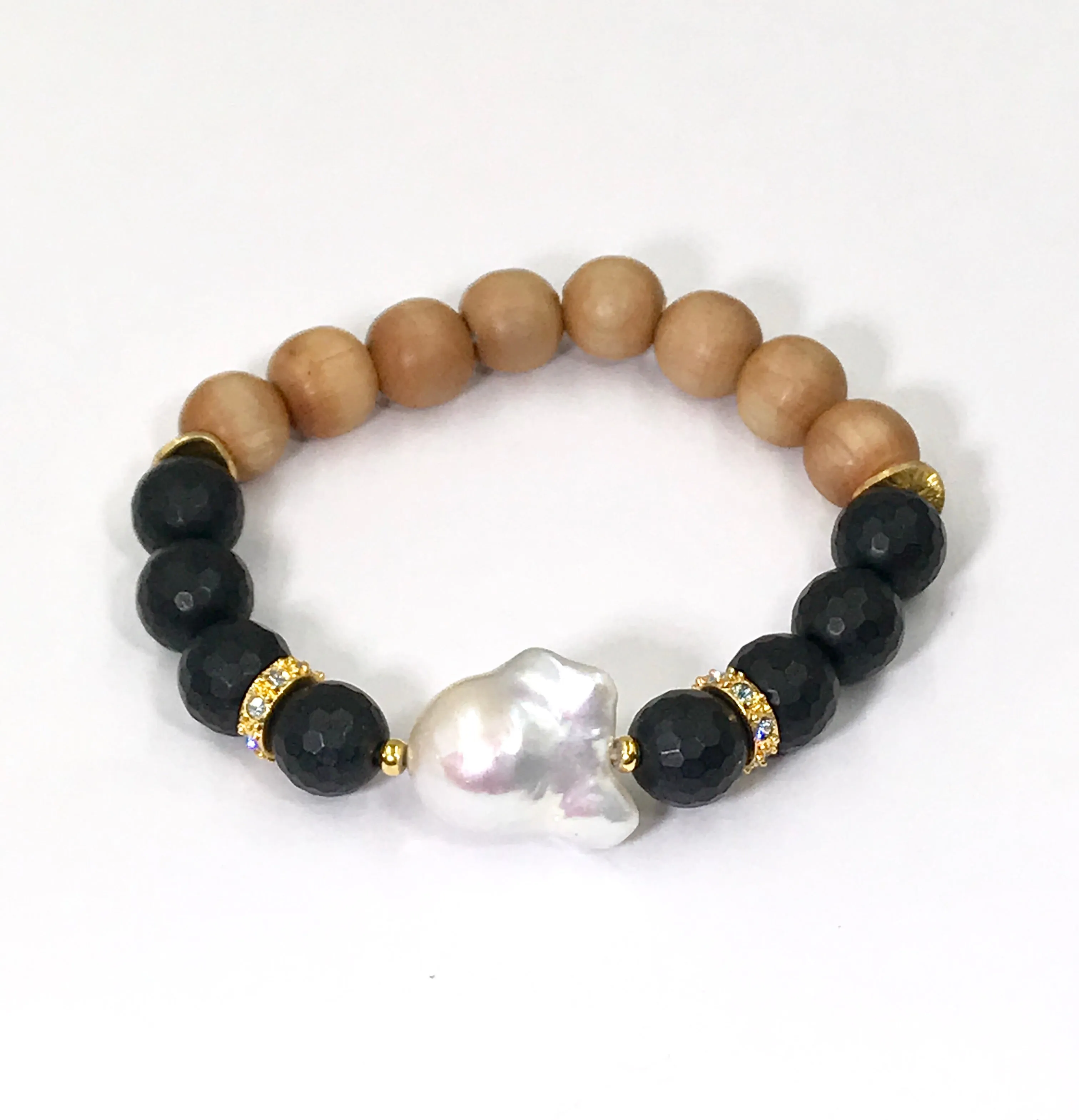 Pearl, Black Onyx, Sandalwood Stack Bracelet Diamond Look