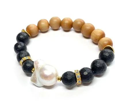 Pearl, Black Onyx, Sandalwood Stack Bracelet Diamond Look