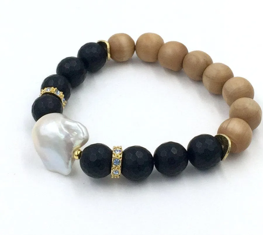 Pearl, Black Onyx, Sandalwood Stack Bracelet Diamond Look