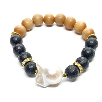 Pearl, Black Onyx, Sandalwood Stack Bracelet Diamond Look