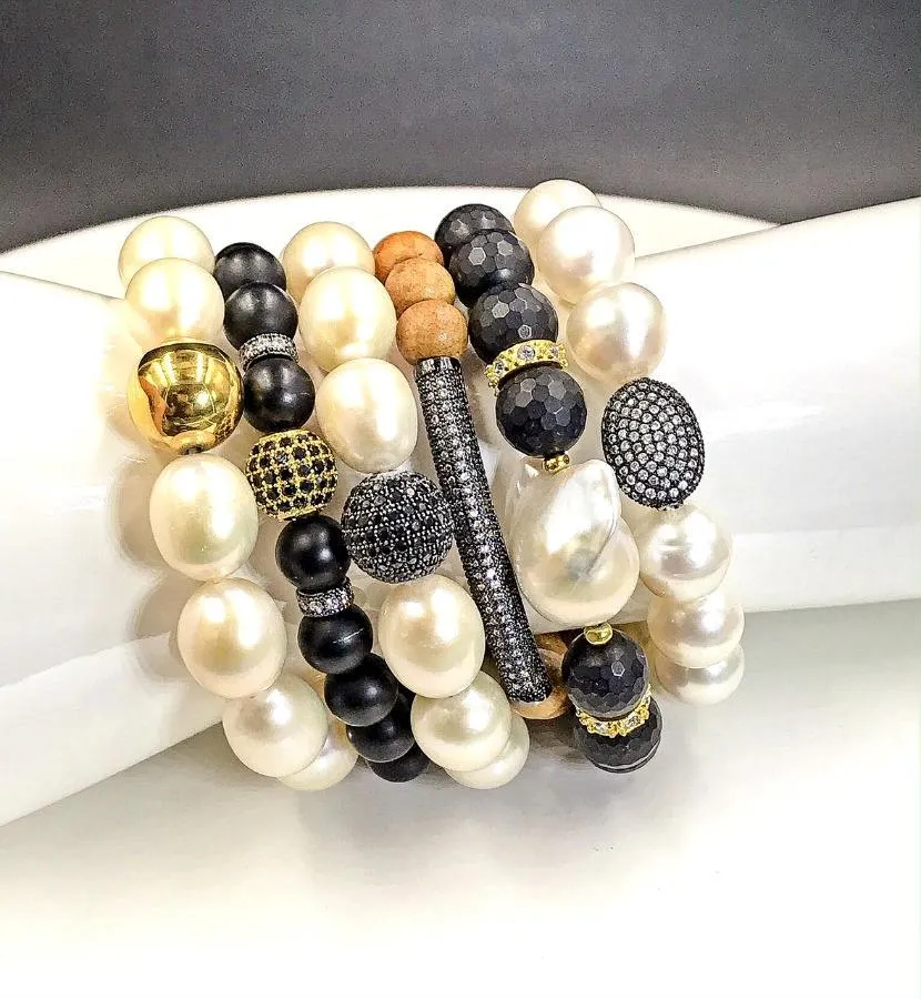 Pearl, Black Onyx, Sandalwood Stack Bracelet Diamond Look