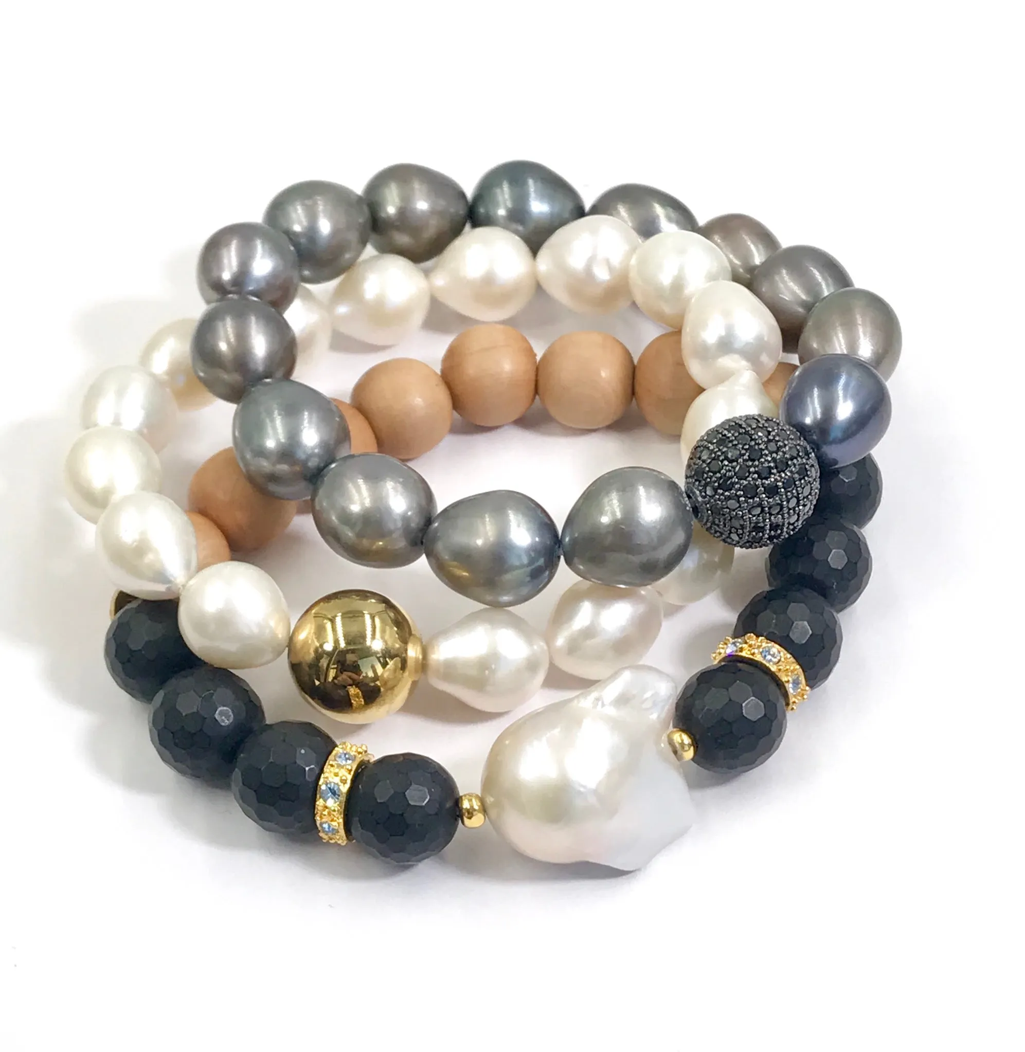 Pearl, Black Onyx, Sandalwood Stack Bracelet Diamond Look