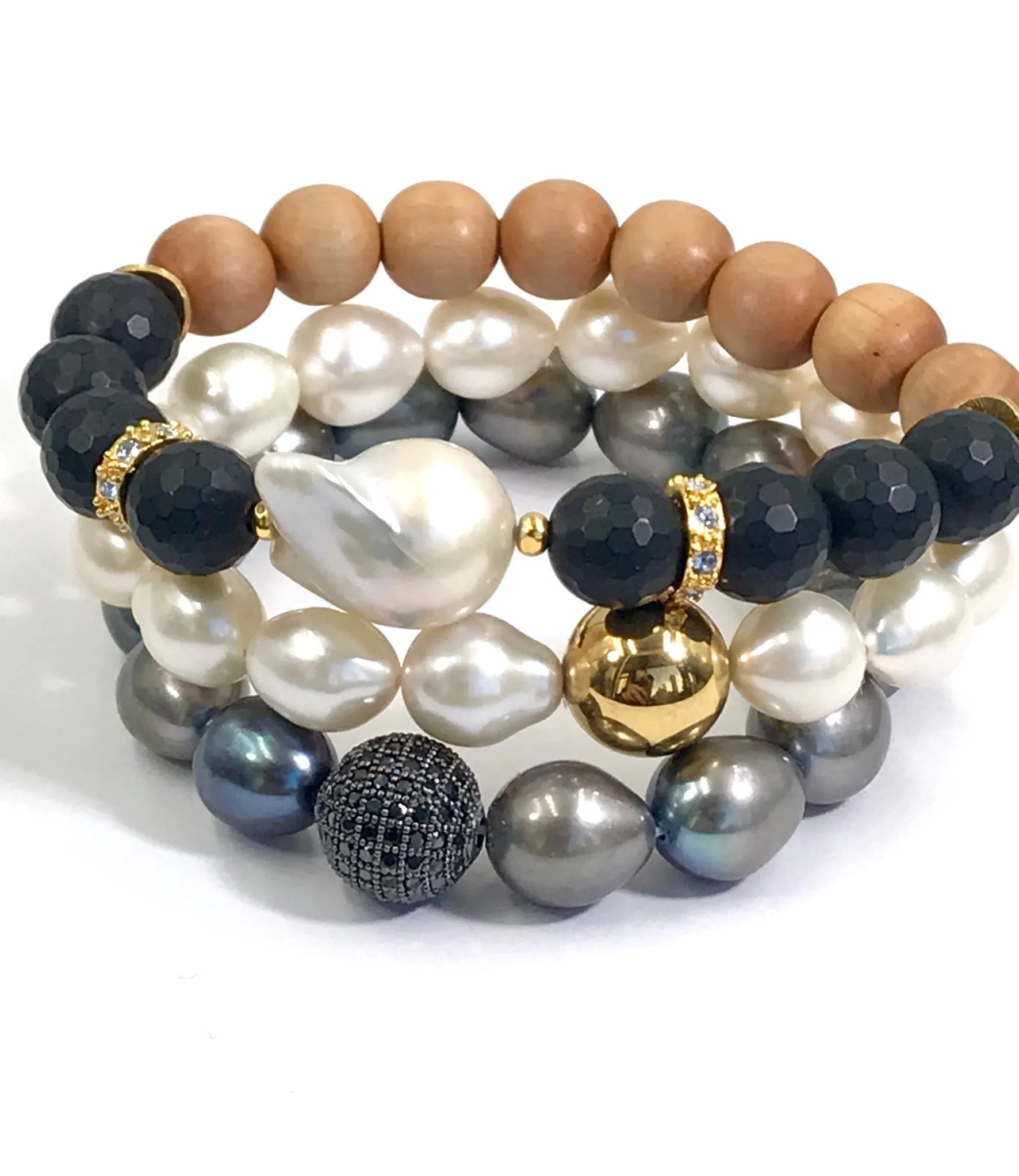Pearl, Black Onyx, Sandalwood Stack Bracelet Diamond Look