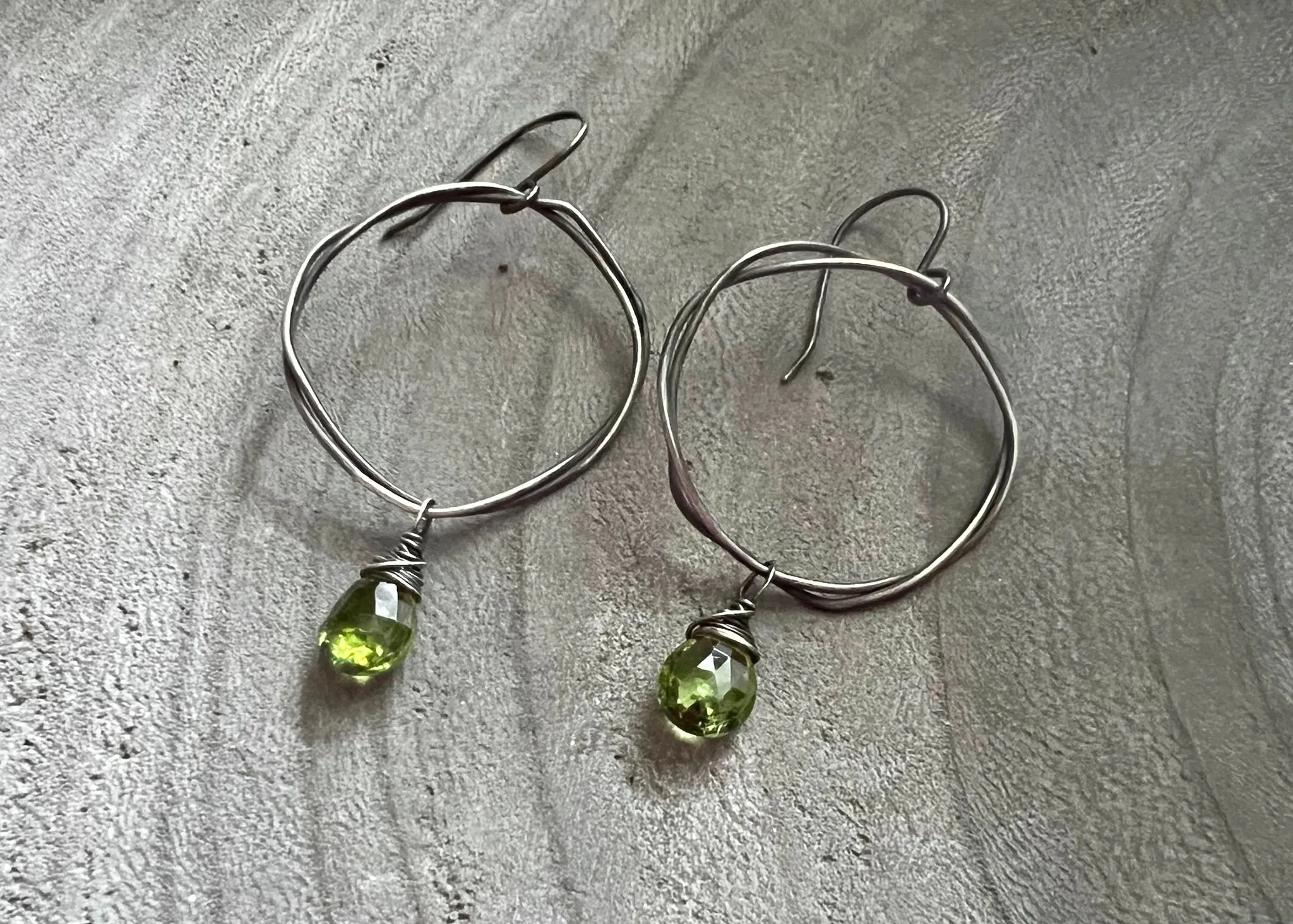 Peridot Oxidized Sterling Silver Organic Circle Dangle Earrings