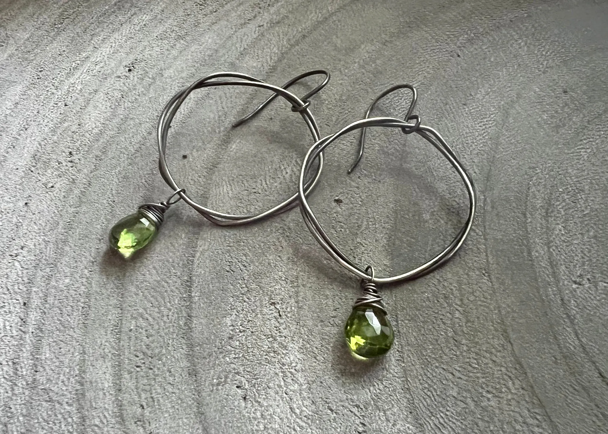 Peridot Oxidized Sterling Silver Organic Circle Dangle Earrings
