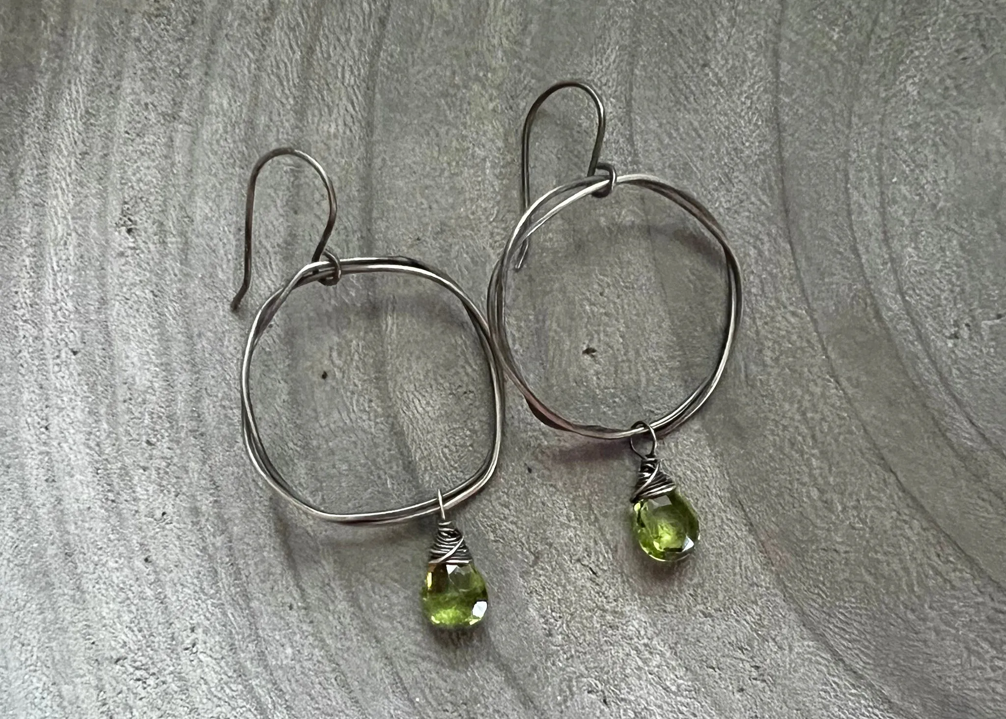 Peridot Oxidized Sterling Silver Organic Circle Dangle Earrings