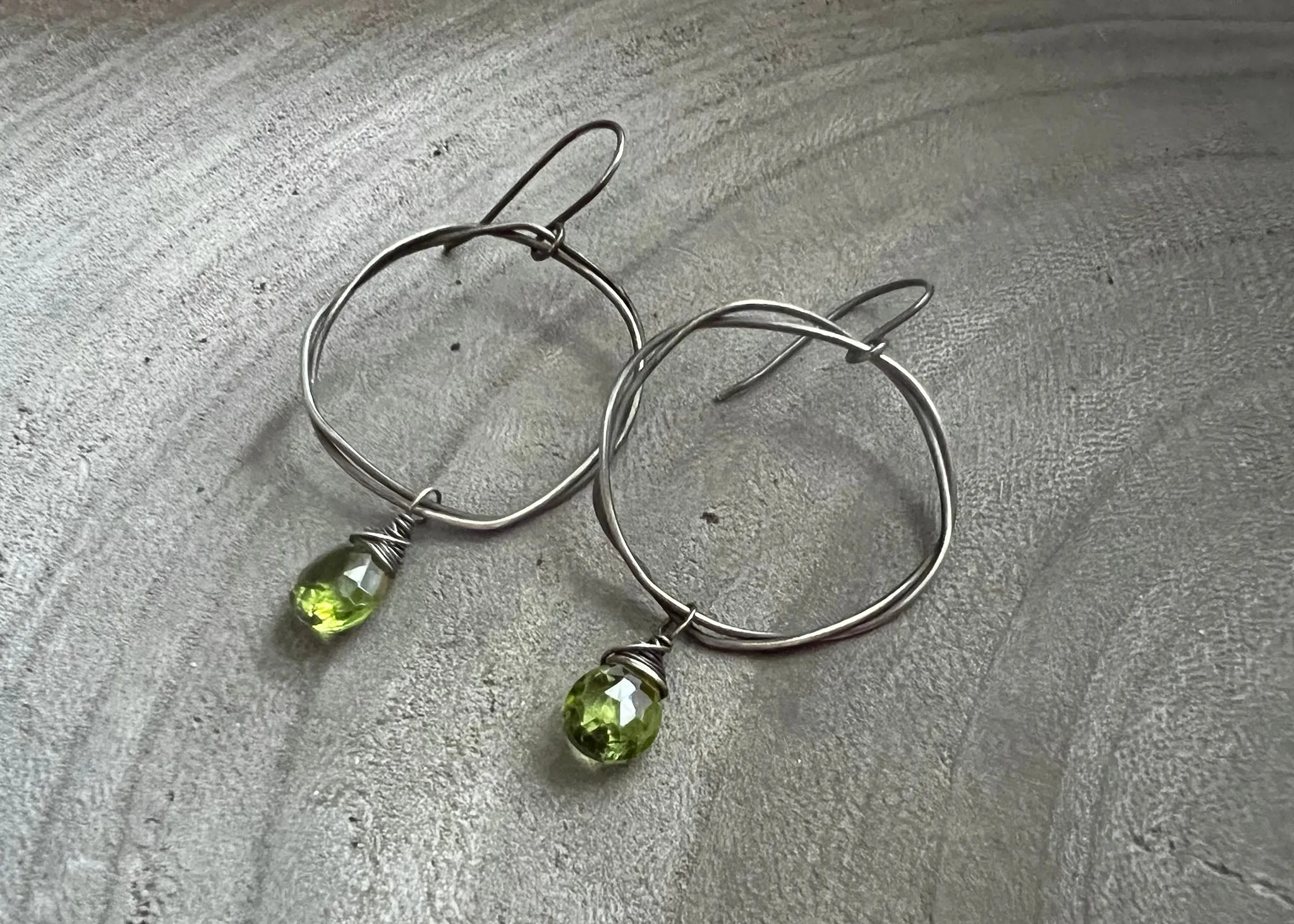 Peridot Oxidized Sterling Silver Organic Circle Dangle Earrings