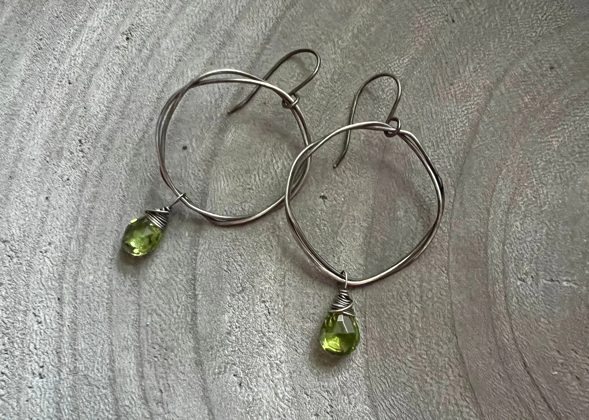 Peridot Oxidized Sterling Silver Organic Circle Dangle Earrings
