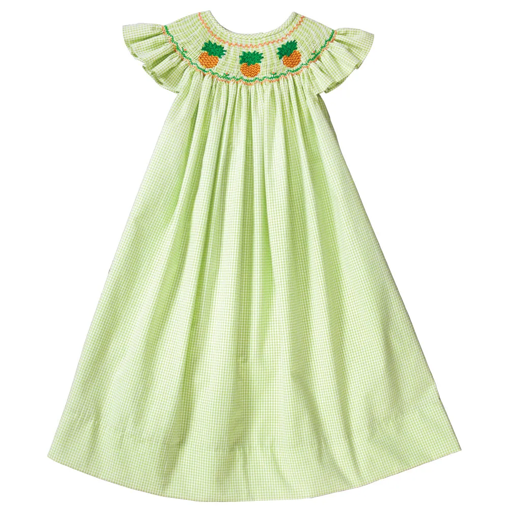 Pineapples Apple Green Gingham Seersucker Angel Sleeve Smocked Bishop