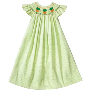 Pineapples Apple Green Gingham Seersucker Angel Sleeve Smocked Bishop