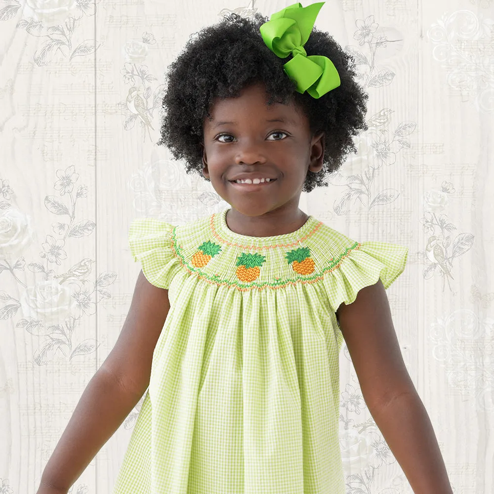 Pineapples Apple Green Gingham Seersucker Angel Sleeve Smocked Bishop