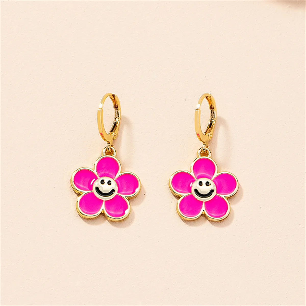 Pink Enamel & 18K Gold-Plated Smiley Flower Huggie Earrings