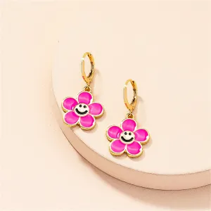 Pink Enamel & 18K Gold-Plated Smiley Flower Huggie Earrings