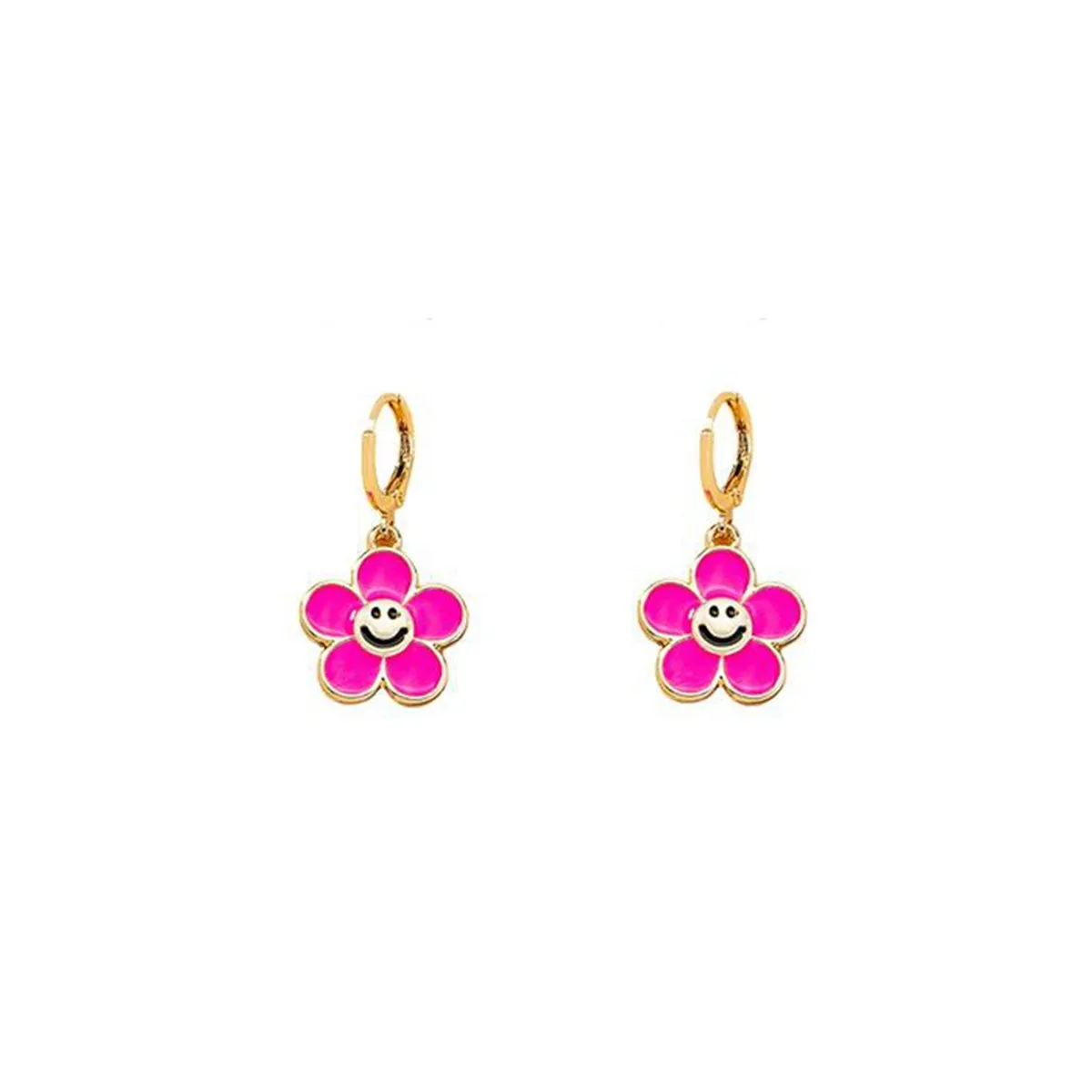 Pink Enamel & 18K Gold-Plated Smiley Flower Huggie Earrings