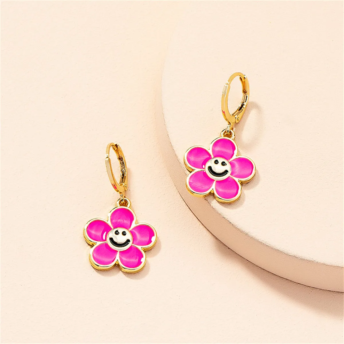 Pink Enamel & 18K Gold-Plated Smiley Flower Huggie Earrings