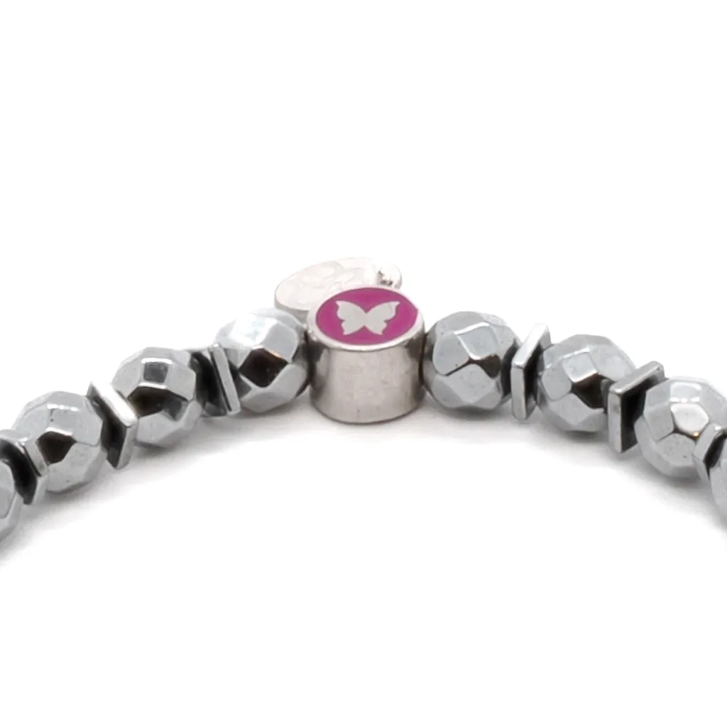 Pink Evil Eye & Butterfly Sterling Silver Charms Hematite Stone Beaded Bracelet