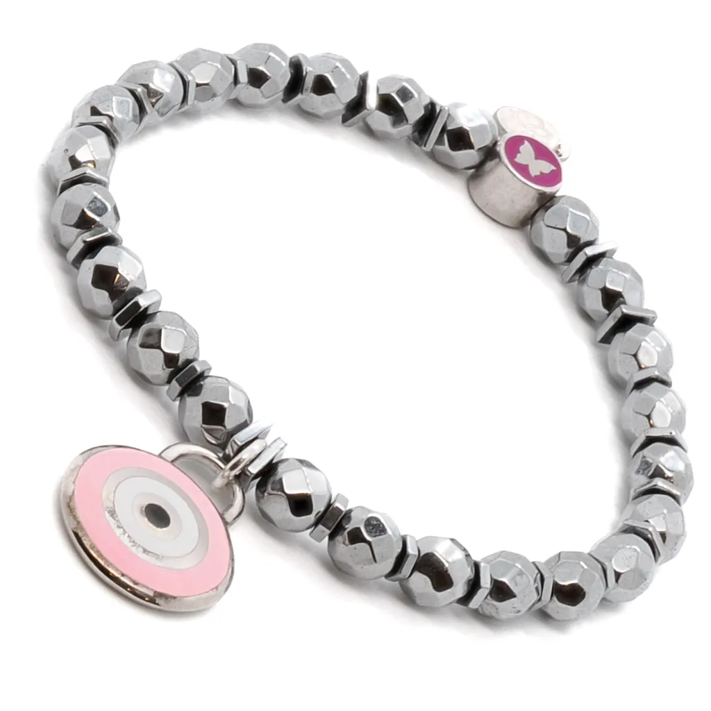 Pink Evil Eye & Butterfly Sterling Silver Charms Hematite Stone Beaded Bracelet
