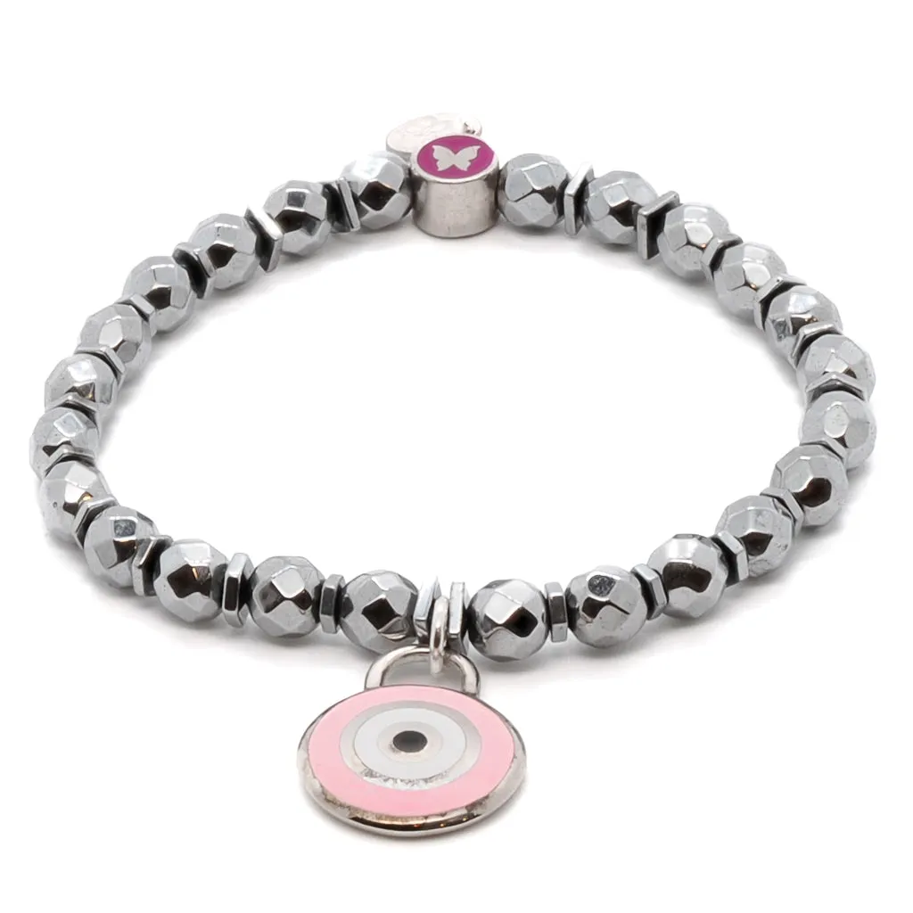 Pink Evil Eye & Butterfly Sterling Silver Charms Hematite Stone Beaded Bracelet