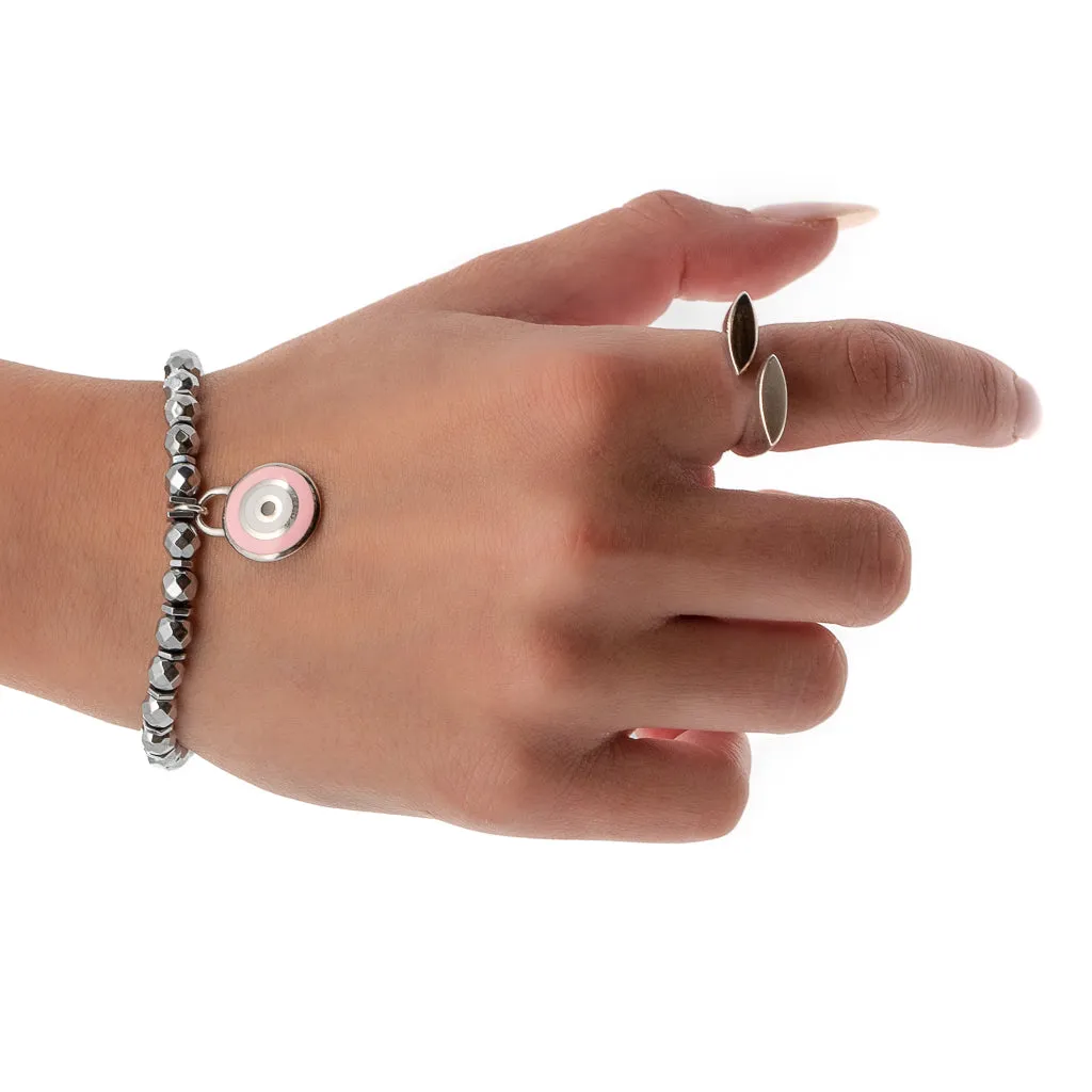 Pink Evil Eye & Butterfly Sterling Silver Charms Hematite Stone Beaded Bracelet
