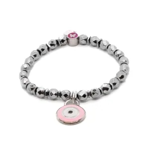 Pink Evil Eye & Butterfly Sterling Silver Charms Hematite Stone Beaded Bracelet