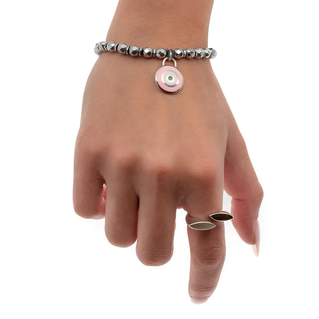 Pink Evil Eye & Butterfly Sterling Silver Charms Hematite Stone Beaded Bracelet