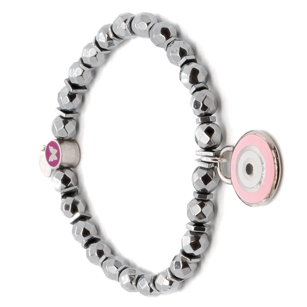 Pink Evil Eye & Butterfly Sterling Silver Charms Hematite Stone Beaded Bracelet