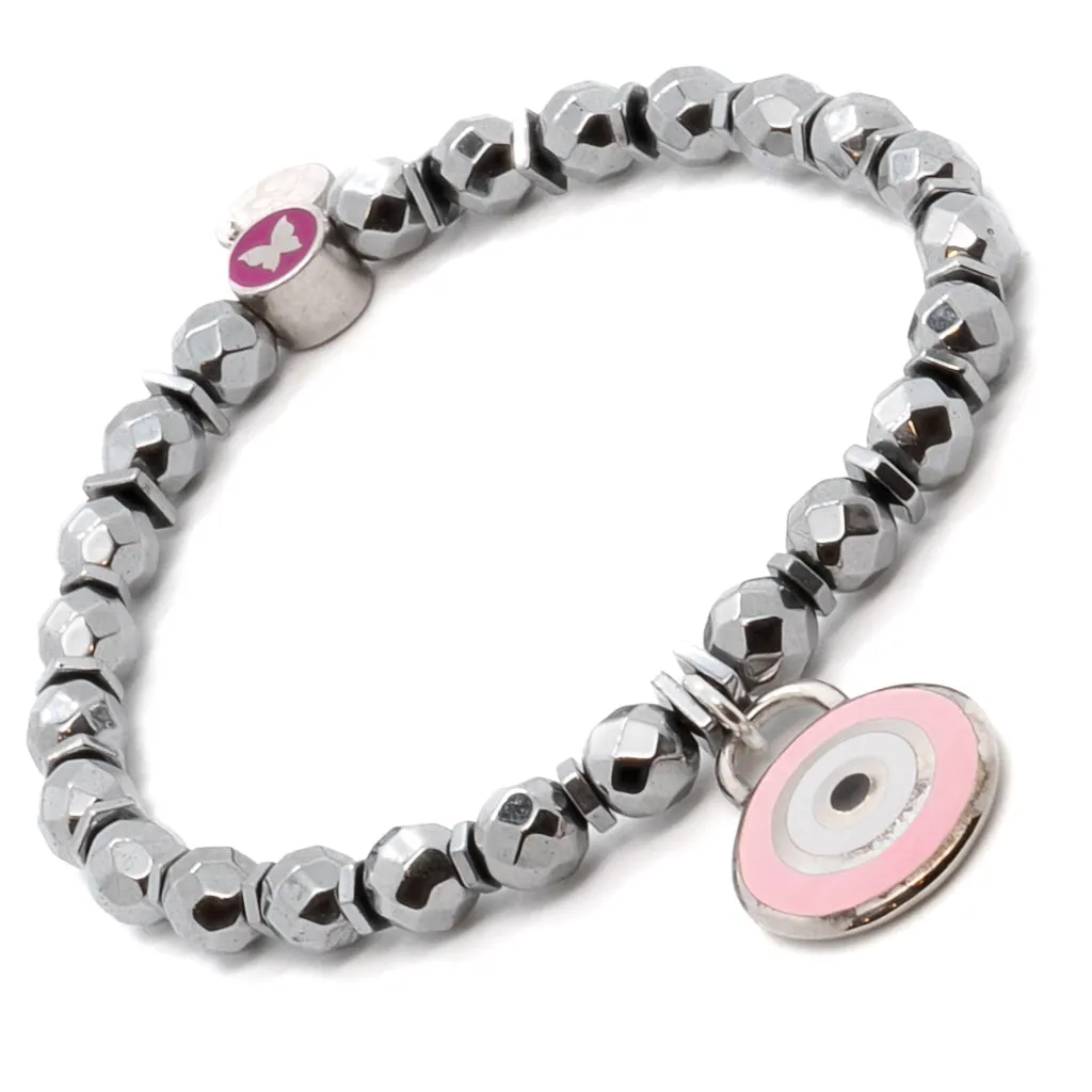 Pink Evil Eye & Butterfly Sterling Silver Charms Hematite Stone Beaded Bracelet