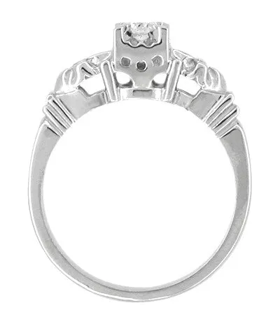 Platinum Retro Modern 1950's Style Starburst Diamond Bridal Engagement and Wedding Ring Set
