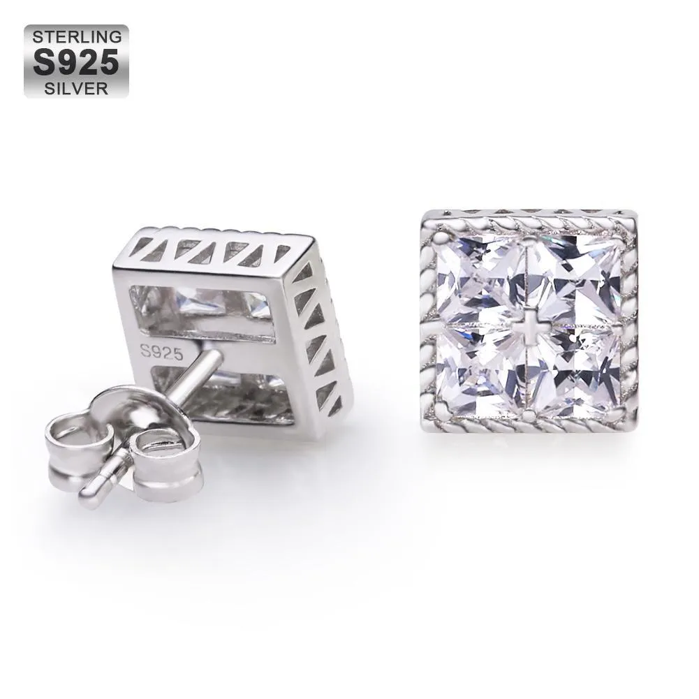 Princess Cut Diamond CZ Square Stud Mens Earrings