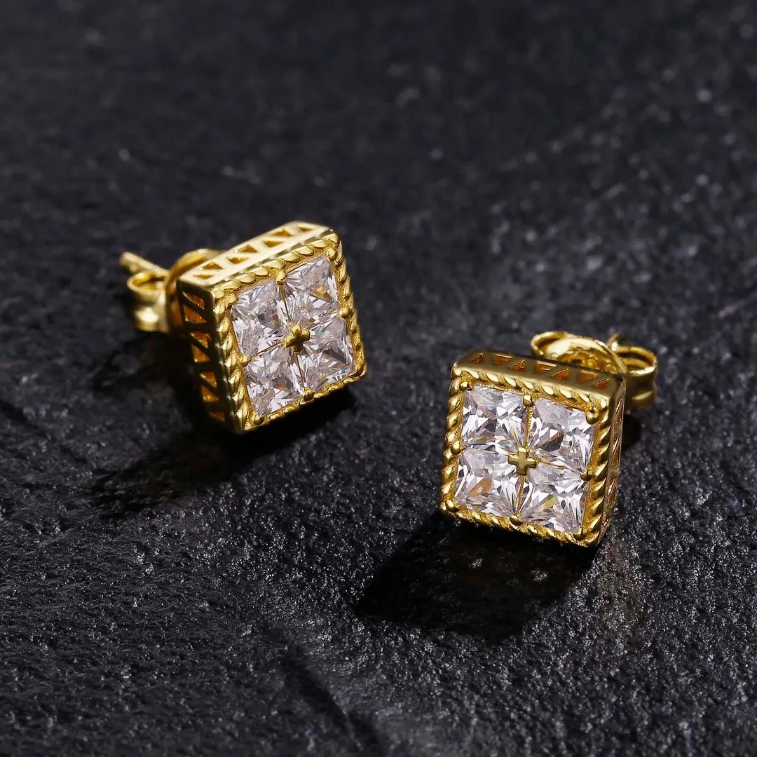 Princess Cut Diamond CZ Square Stud Mens Earrings