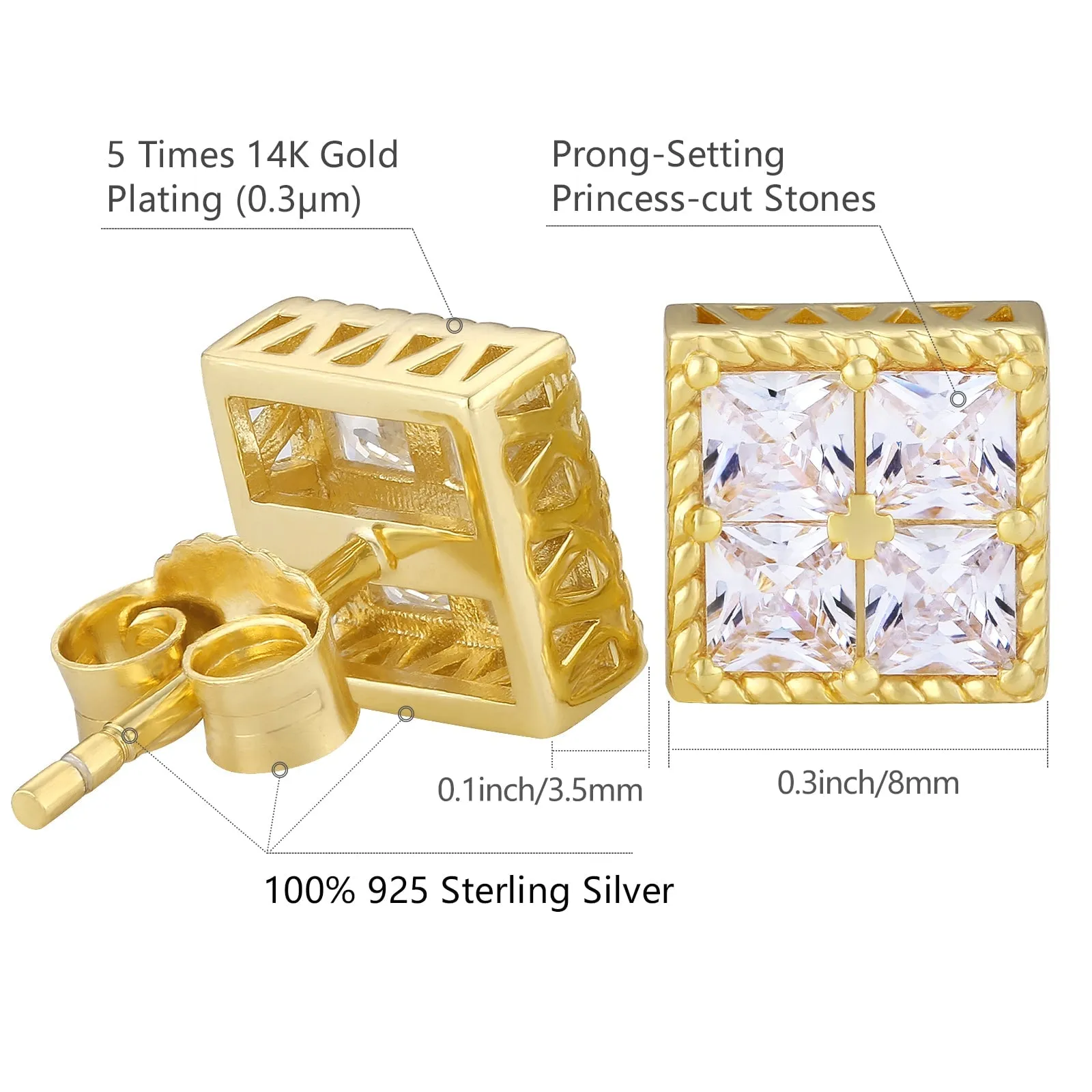Princess Cut Diamond CZ Square Stud Mens Earrings
