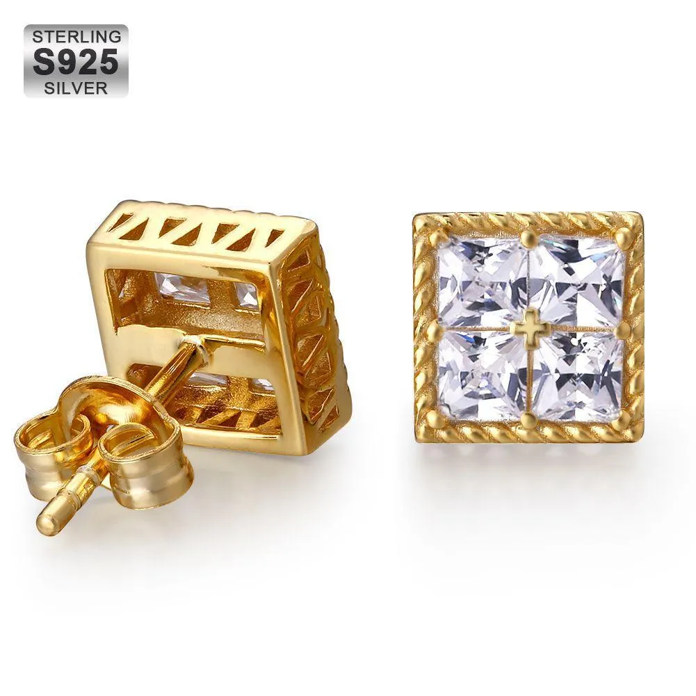 Princess Cut Diamond CZ Square Stud Mens Earrings