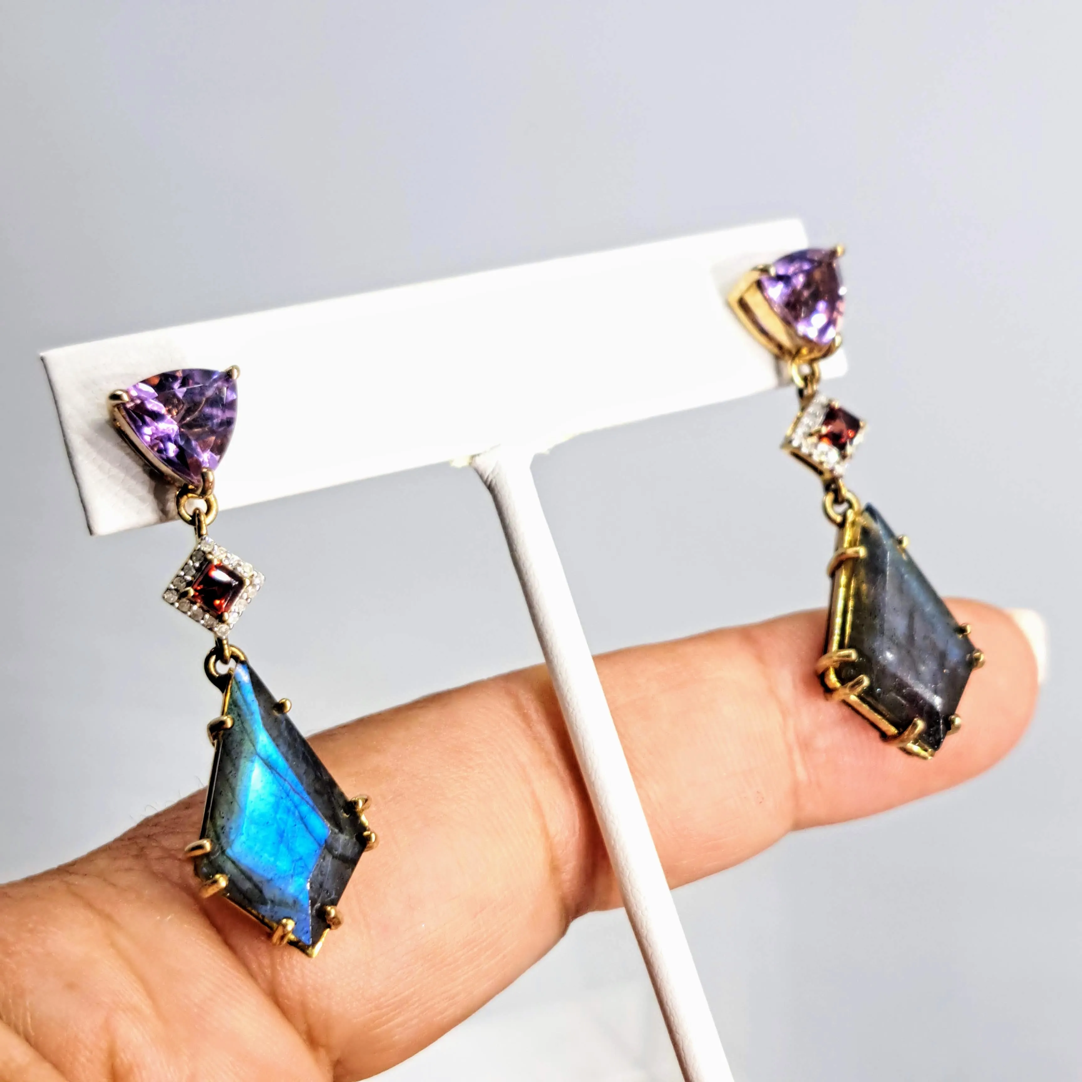 "Twilight Twinklers" 1.75" Earrings - Amethyst, Labradorite, Garnet, Diamond, 18k Gold Sterling