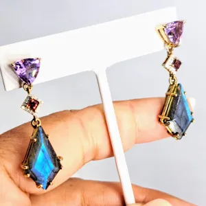 "Twilight Twinklers" 1.75" Earrings - Amethyst, Labradorite, Garnet, Diamond, 18k Gold Sterling