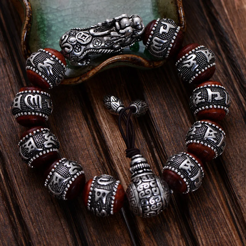 Real Solid 925 Sterling Silver Bracelet Beaded Lection Animals PiXiu Lobular Red Sandalwood Jewelry