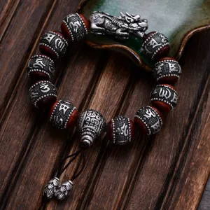 Real Solid 925 Sterling Silver Bracelet Beaded Lection Animals PiXiu Lobular Red Sandalwood Jewelry
