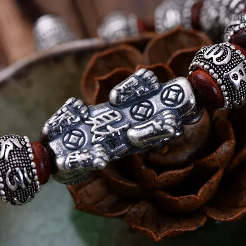 Real Solid 925 Sterling Silver Bracelet Beaded Lection Animals PiXiu Lobular Red Sandalwood Jewelry