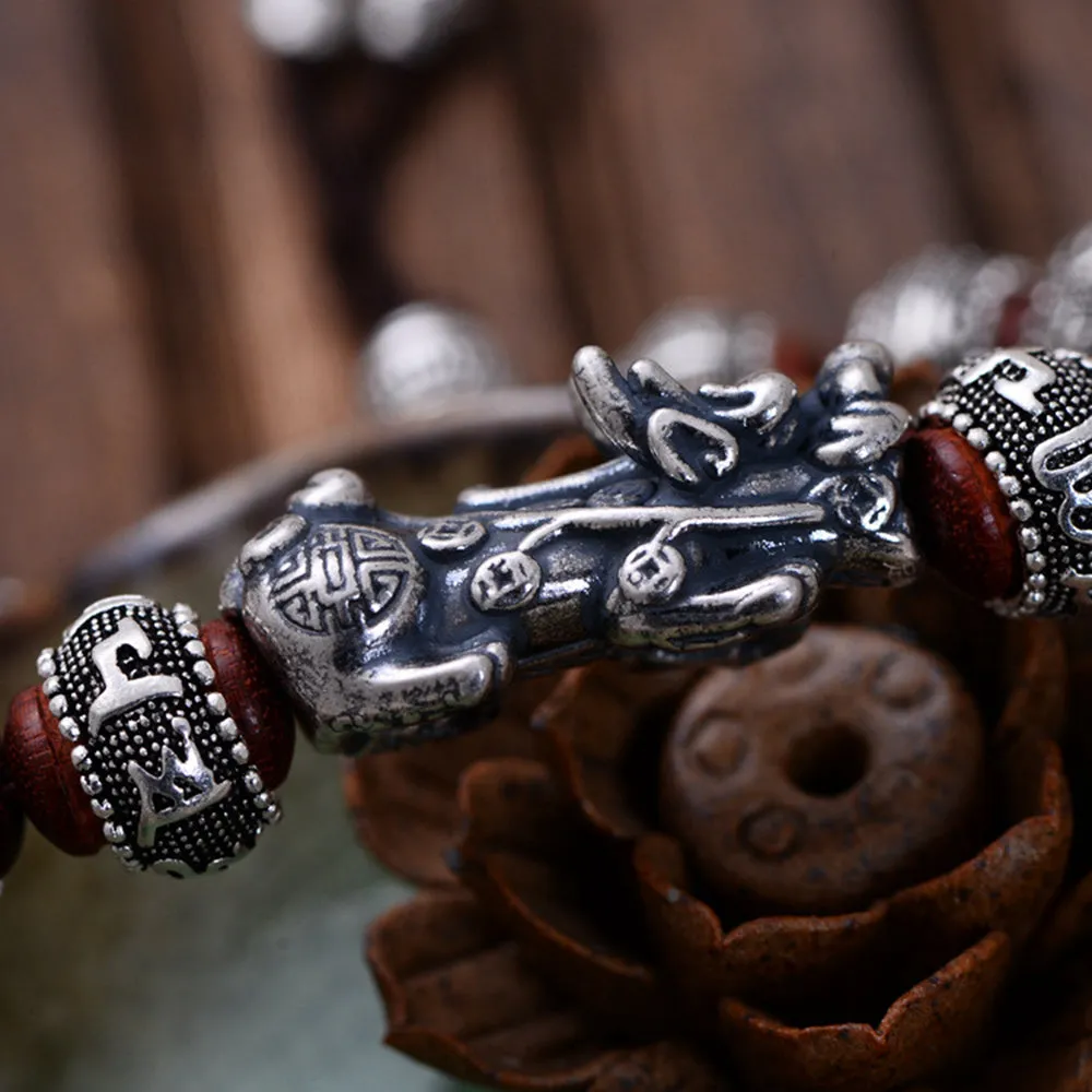 Real Solid 925 Sterling Silver Bracelet Beaded Lection Animals PiXiu Lobular Red Sandalwood Jewelry