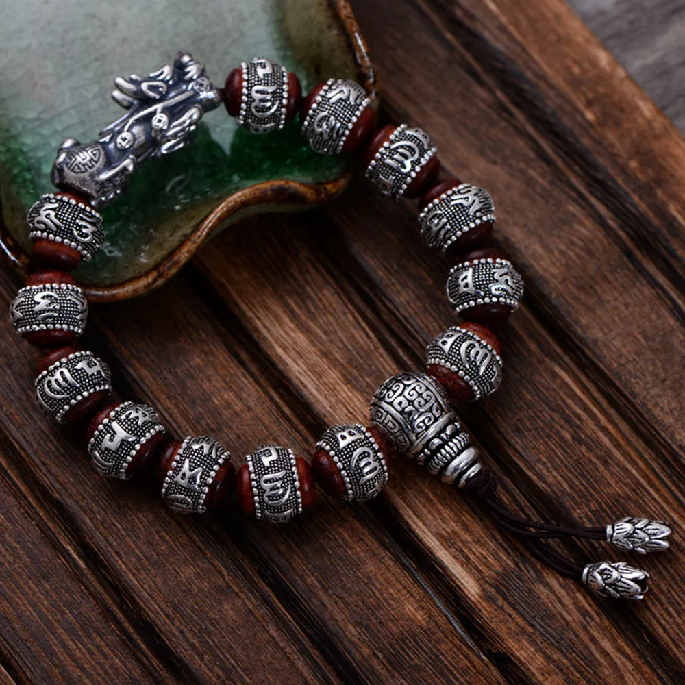 Real Solid 925 Sterling Silver Bracelet Beaded Lection Animals PiXiu Lobular Red Sandalwood Jewelry