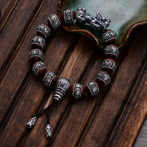 Real Solid 925 Sterling Silver Bracelet Beaded Lection Animals PiXiu Lobular Red Sandalwood Jewelry